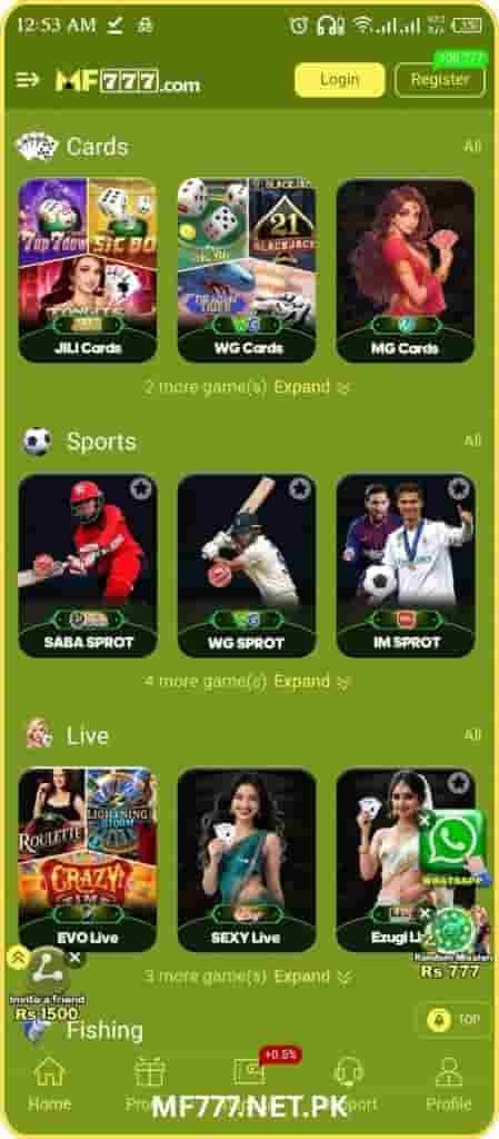 MF777 Game card, sports, and live poker games
